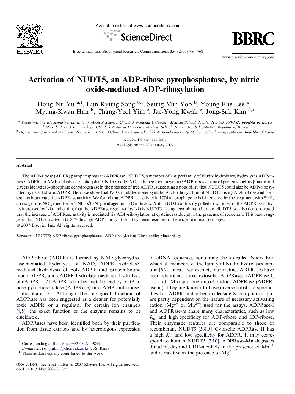 عکس صفحه اول مقاله: Activation of NUDT5, an ADP-ribose pyrophosphatase, by nitric oxide-mediated ADP-ribosylation Activation of NUDT5, an ADP-ribose pyrophosphatase, by nitric oxide-mediated ADP-ribosylation