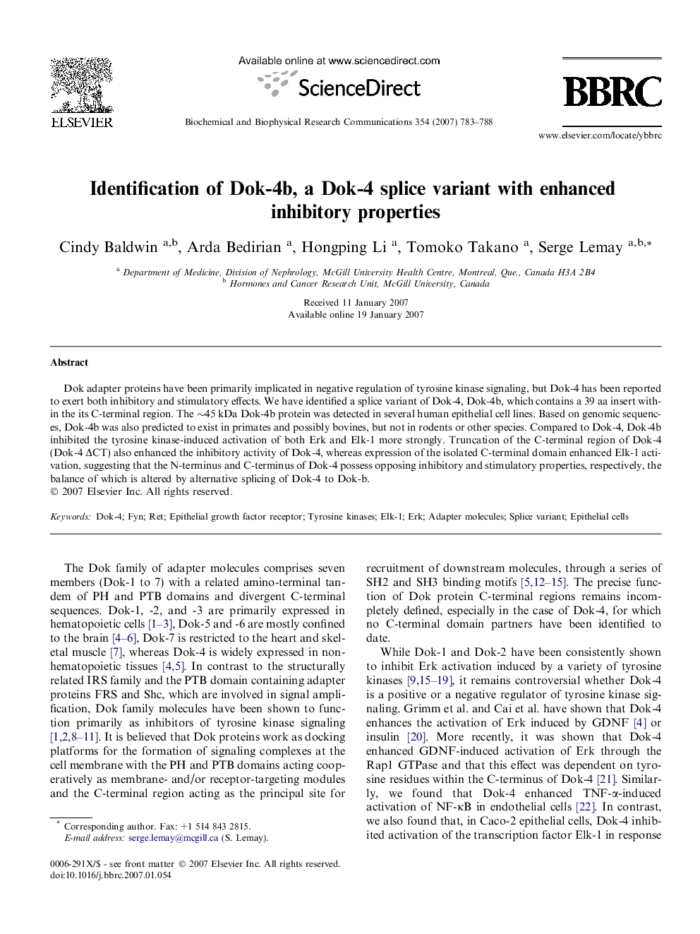 Identification of Dok-4b, a Dok-4 splice variant with enhanced inhibitory properties