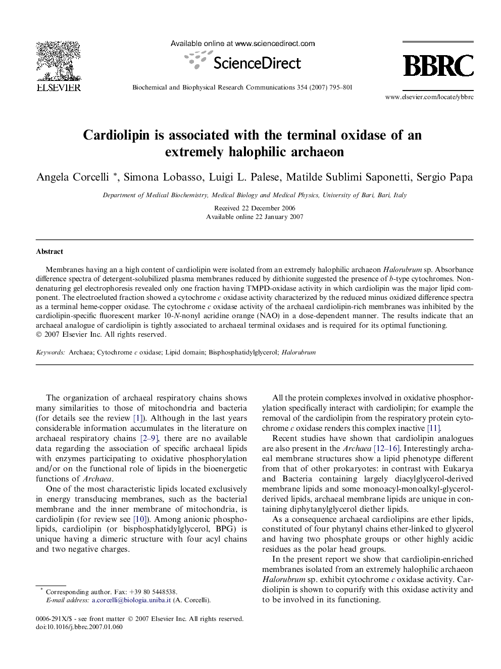 Cardiolipin is associated with the terminal oxidase of an extremely halophilic archaeon