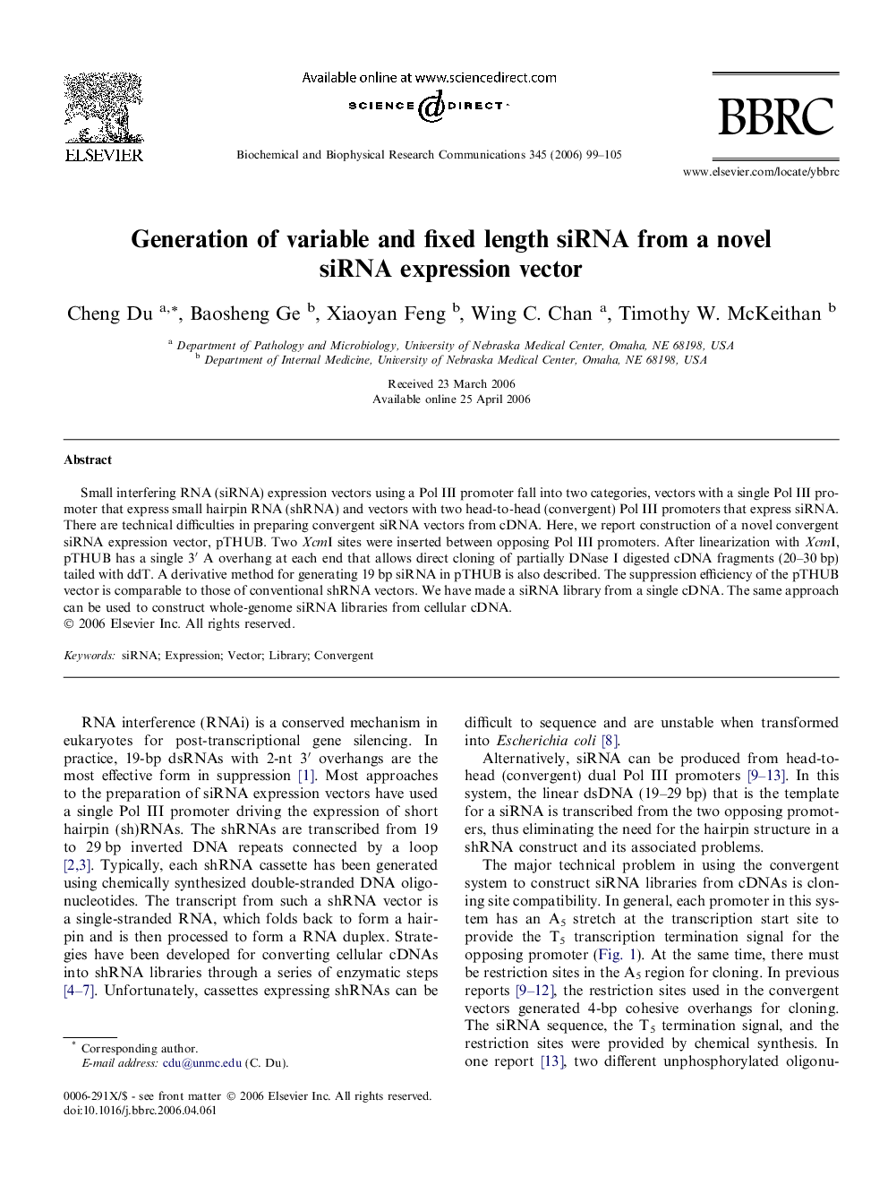 Generation of variable and fixed length siRNA from a novel siRNA expression vector