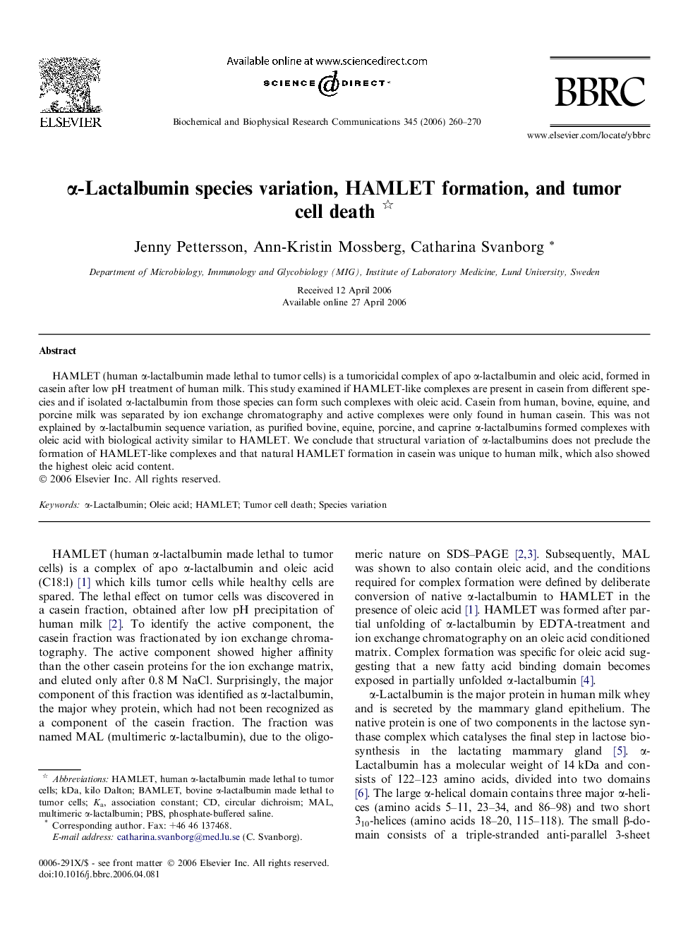 α-Lactalbumin species variation, HAMLET formation, and tumor cell death 