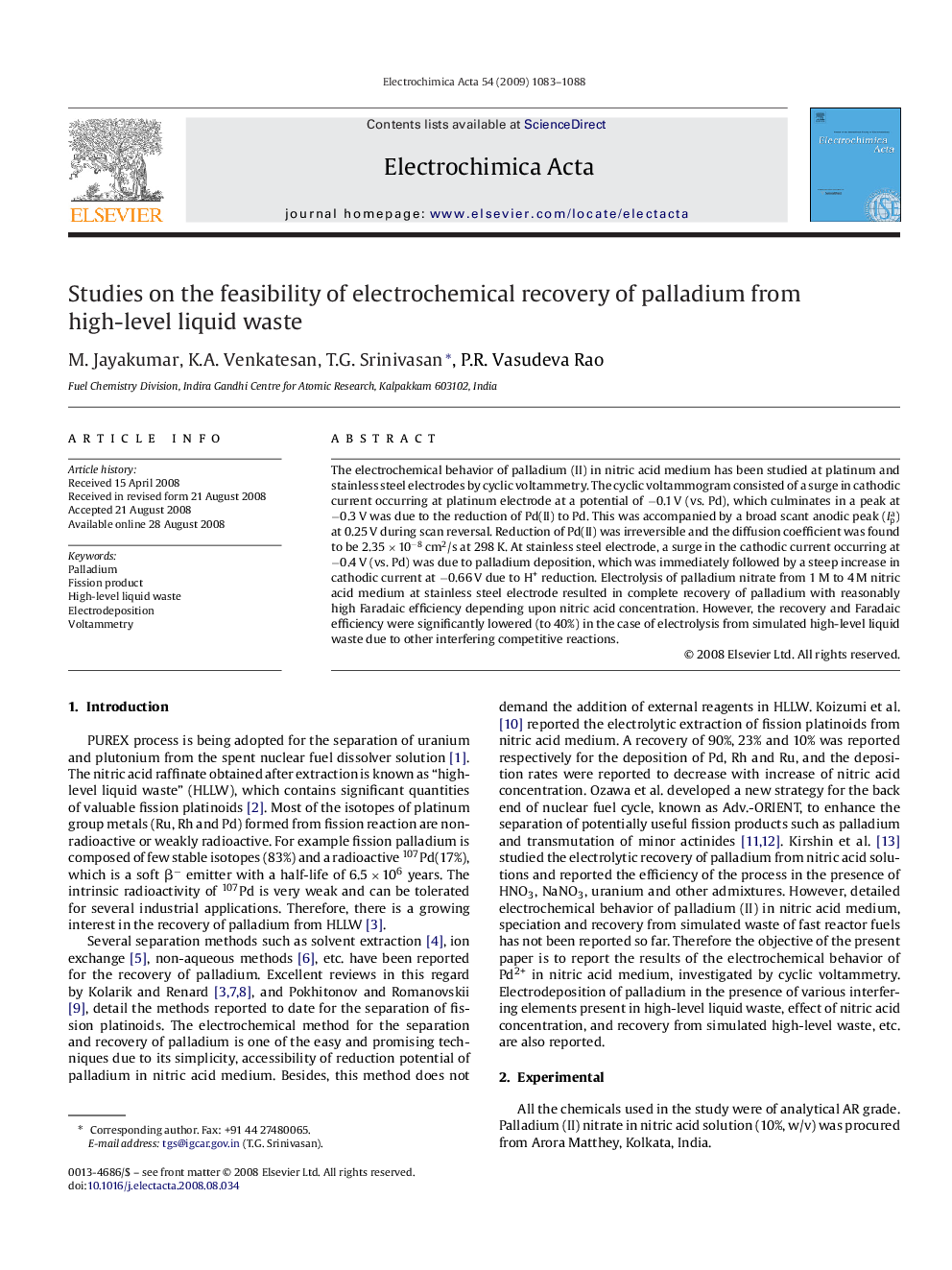 Studies on the feasibility of electrochemical recovery of palladium from high-level liquid waste