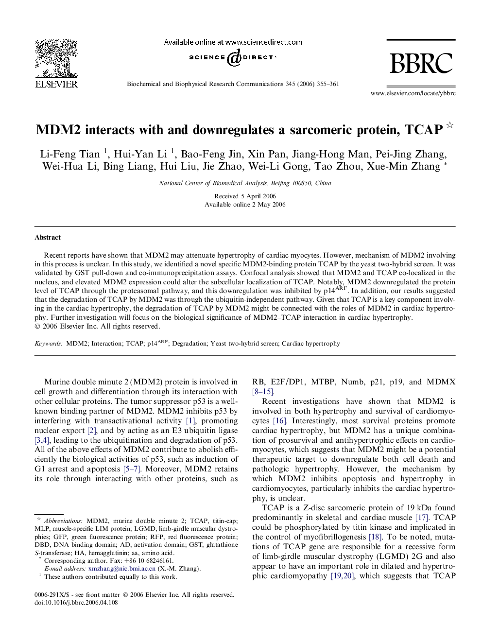 MDM2 interacts with and downregulates a sarcomeric protein, TCAP 