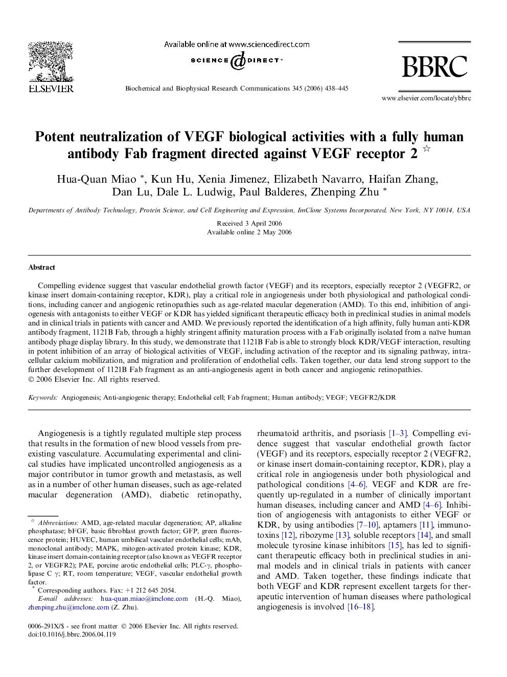 Potent neutralization of VEGF biological activities with a fully human antibody Fab fragment directed against VEGF receptor 2 