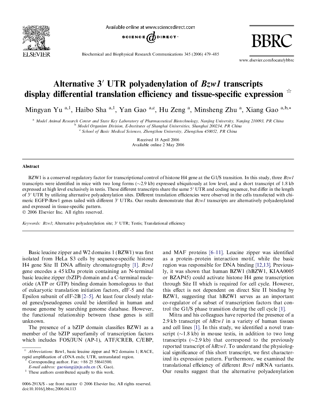 Alternative 3′ UTR polyadenylation of Bzw1 transcripts display differential translation efficiency and tissue-specific expression 