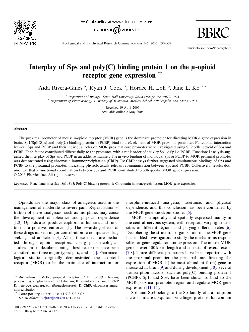 Interplay of Sps and poly(C) binding protein 1 on the μ-opioid receptor gene expression 