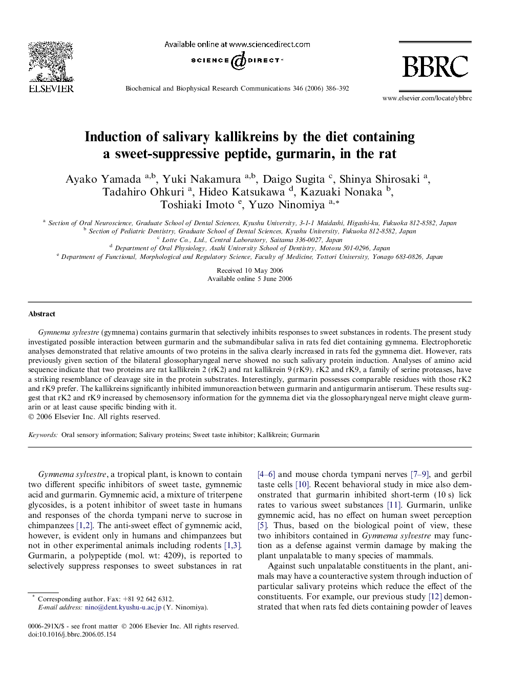 Induction of salivary kallikreins by the diet containing a sweet-suppressive peptide, gurmarin, in the rat