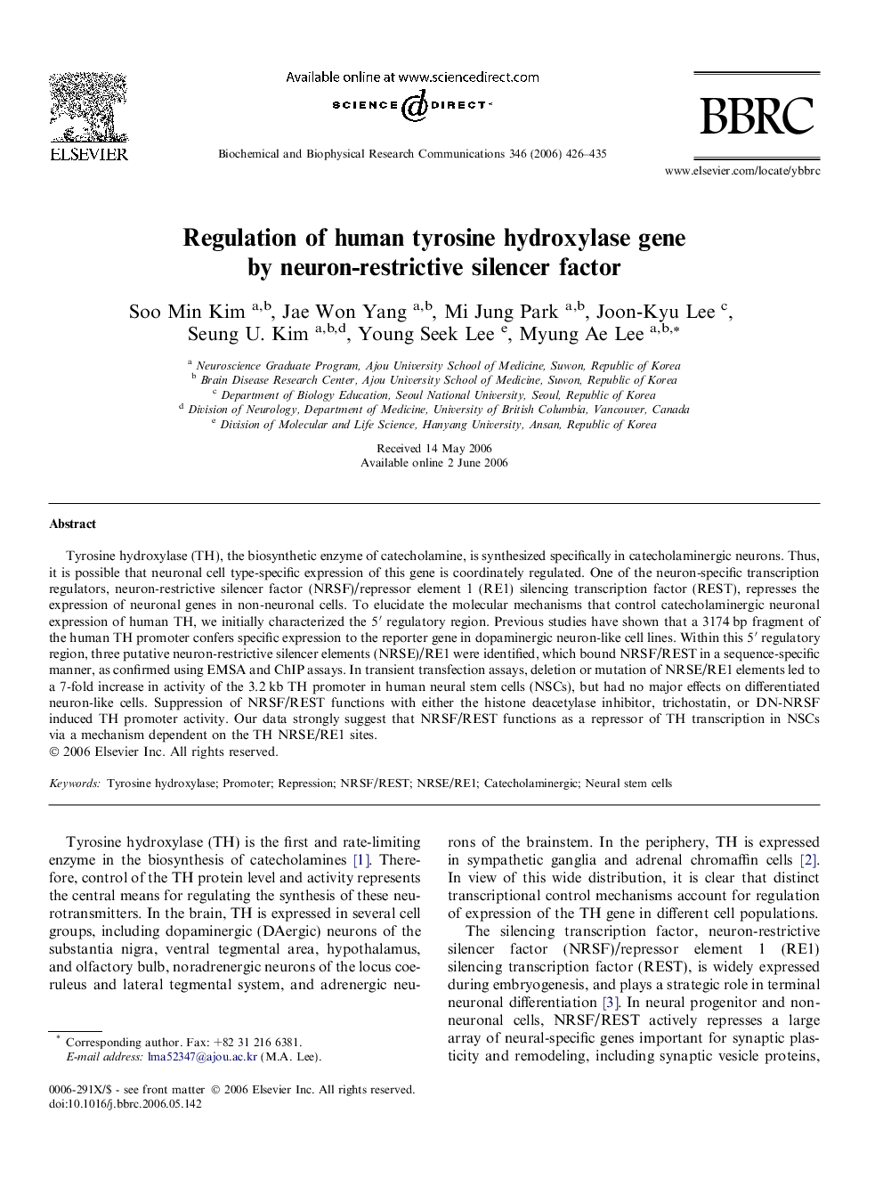 Regulation of human tyrosine hydroxylase gene by neuron-restrictive silencer factor