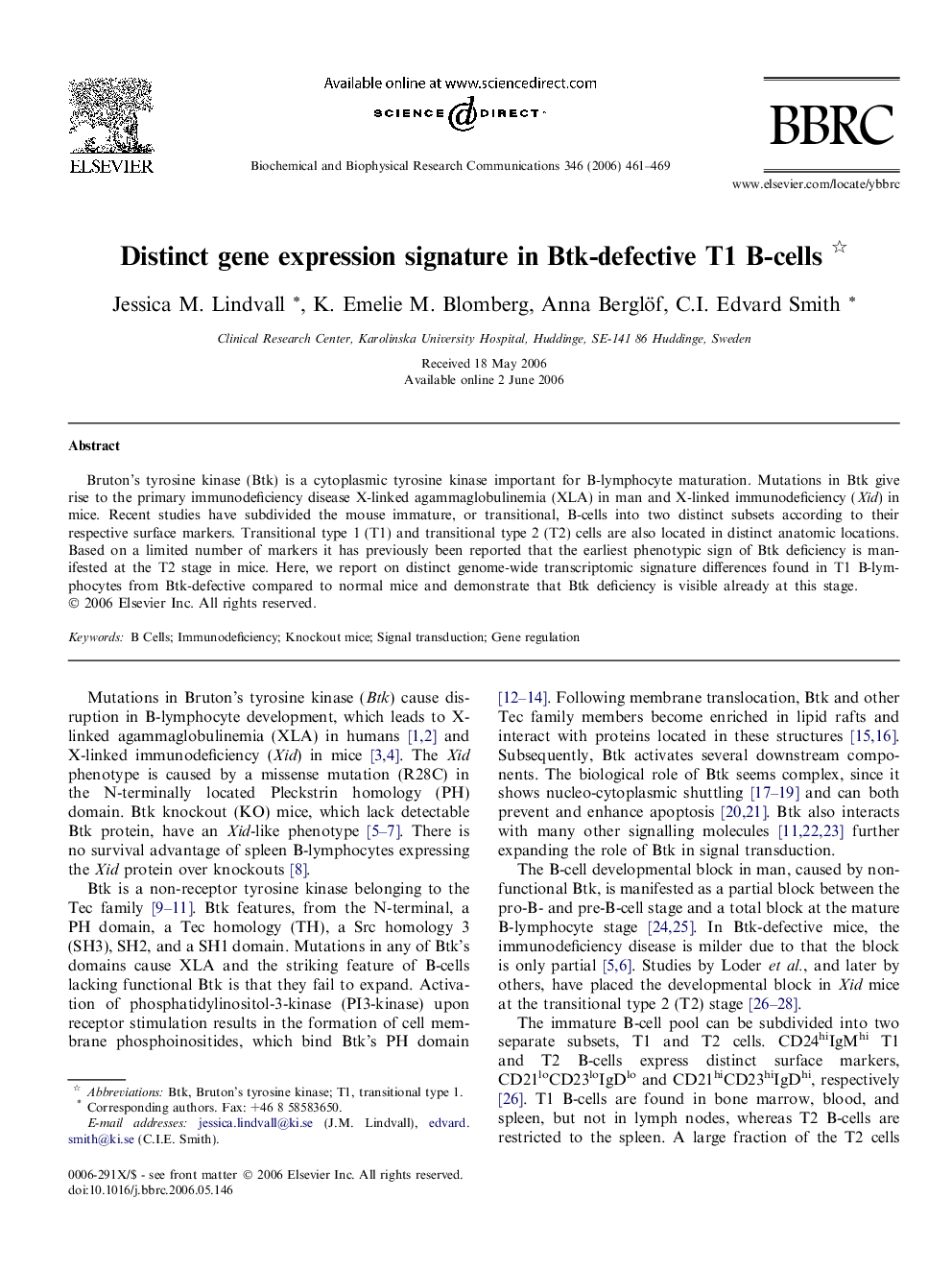 Distinct gene expression signature in Btk-defective T1 B-cells