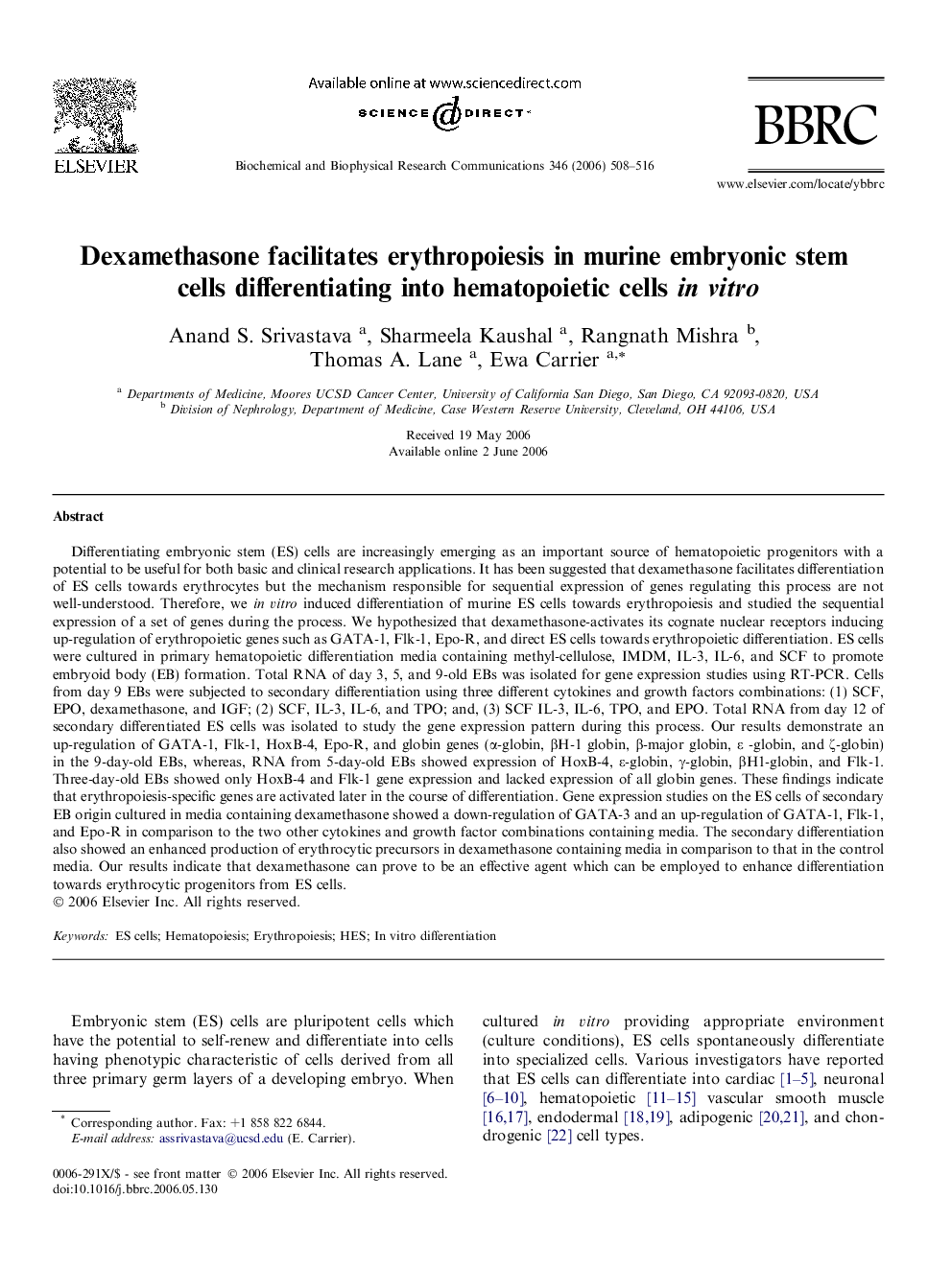 Dexamethasone facilitates erythropoiesis in murine embryonic stem cells differentiating into hematopoietic cells in vitro