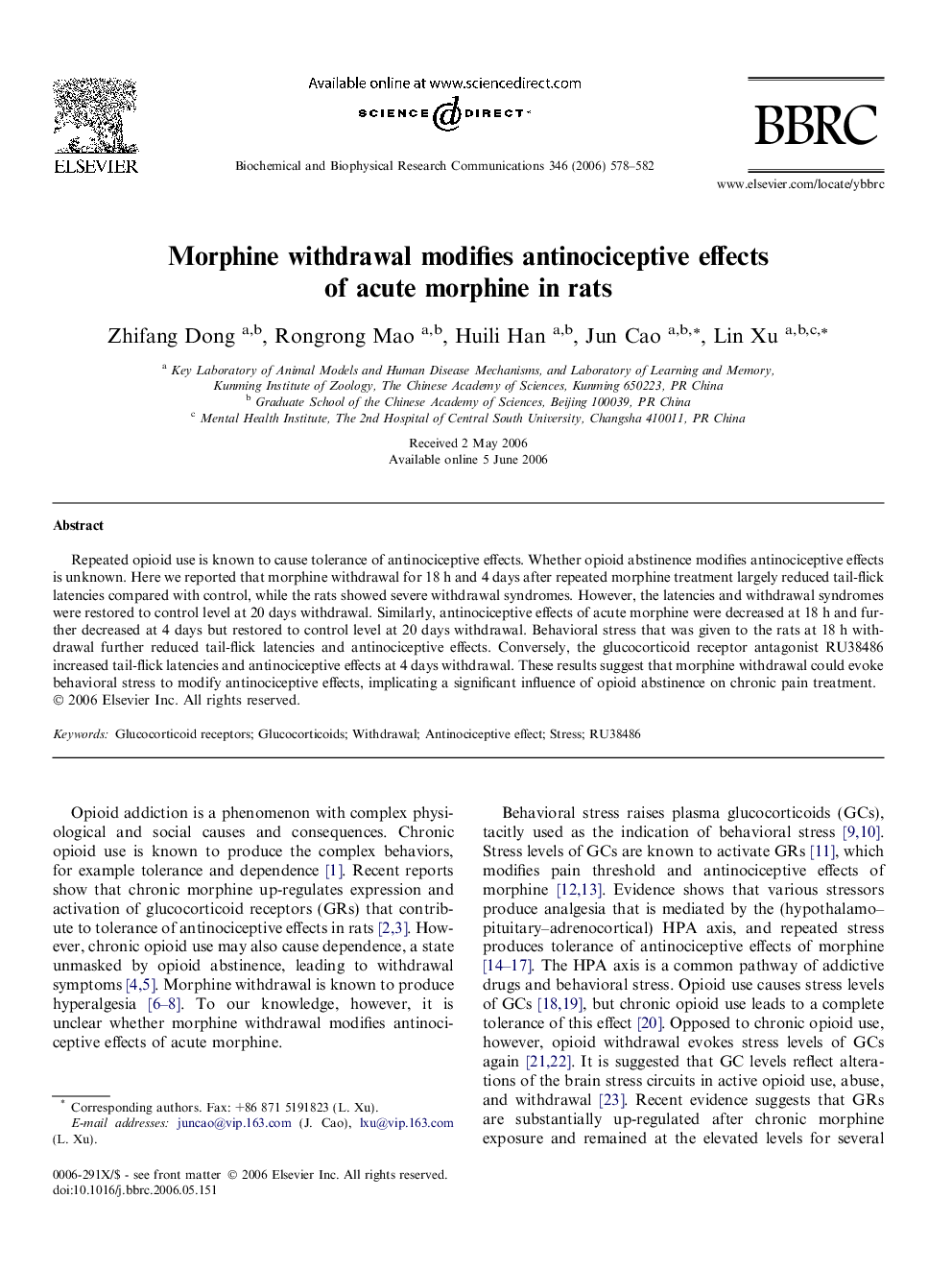 Morphine withdrawal modifies antinociceptive effects of acute morphine in rats