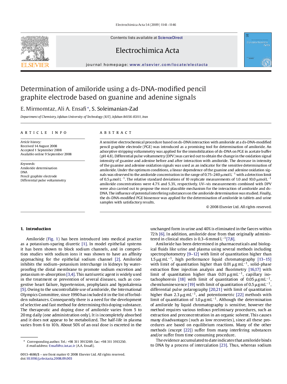 Determination of amiloride using a ds-DNA-modified pencil graphite electrode based on guanine and adenine signals