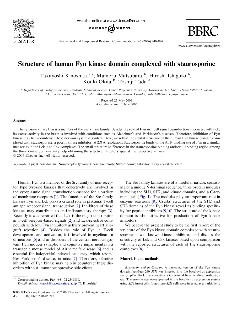 Structure of human Fyn kinase domain complexed with staurosporine