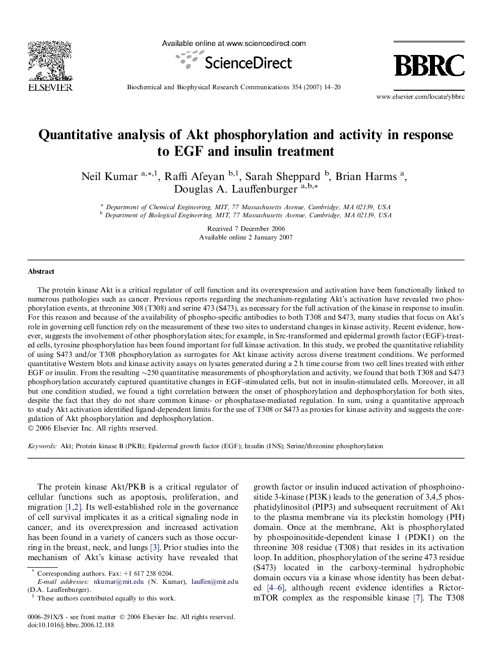 Quantitative analysis of Akt phosphorylation and activity in response to EGF and insulin treatment