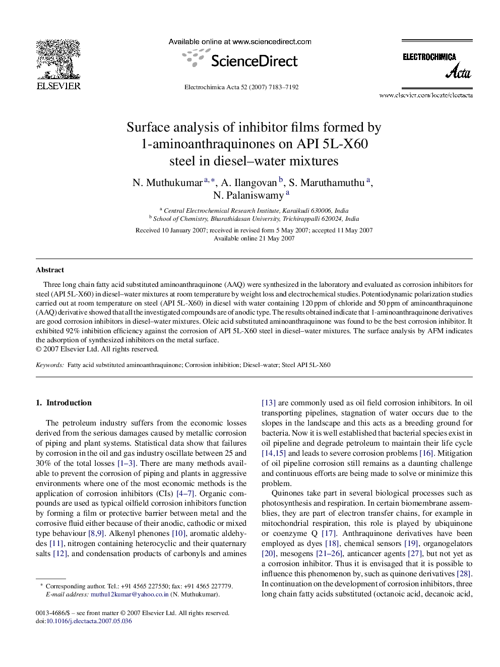 Surface analysis of inhibitor films formed by 1-aminoanthraquinones on API 5L-X60 steel in diesel–water mixtures