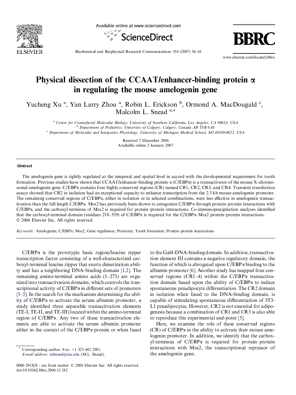 Physical dissection of the CCAAT/enhancer-binding protein α in regulating the mouse amelogenin gene