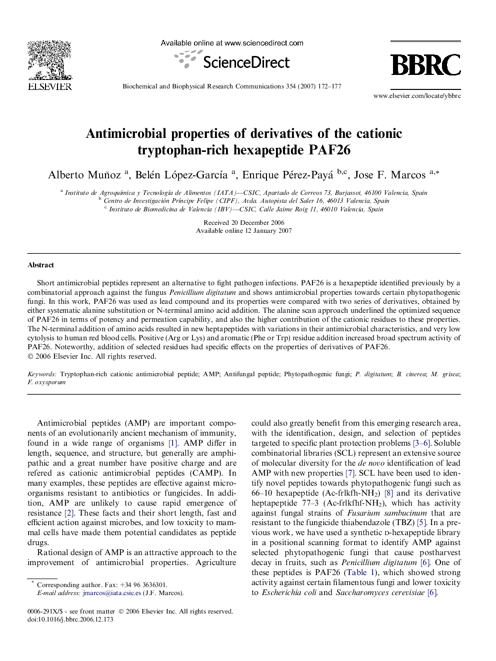 Antimicrobial properties of derivatives of the cationic tryptophan-rich hexapeptide PAF26