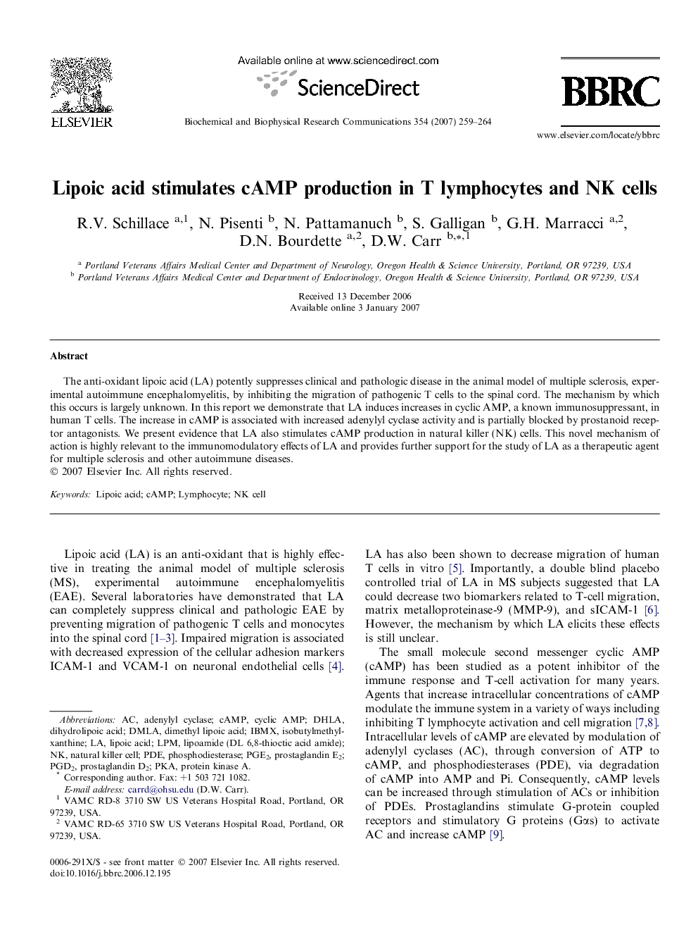 Lipoic acid stimulates cAMP production in T lymphocytes and NK cells