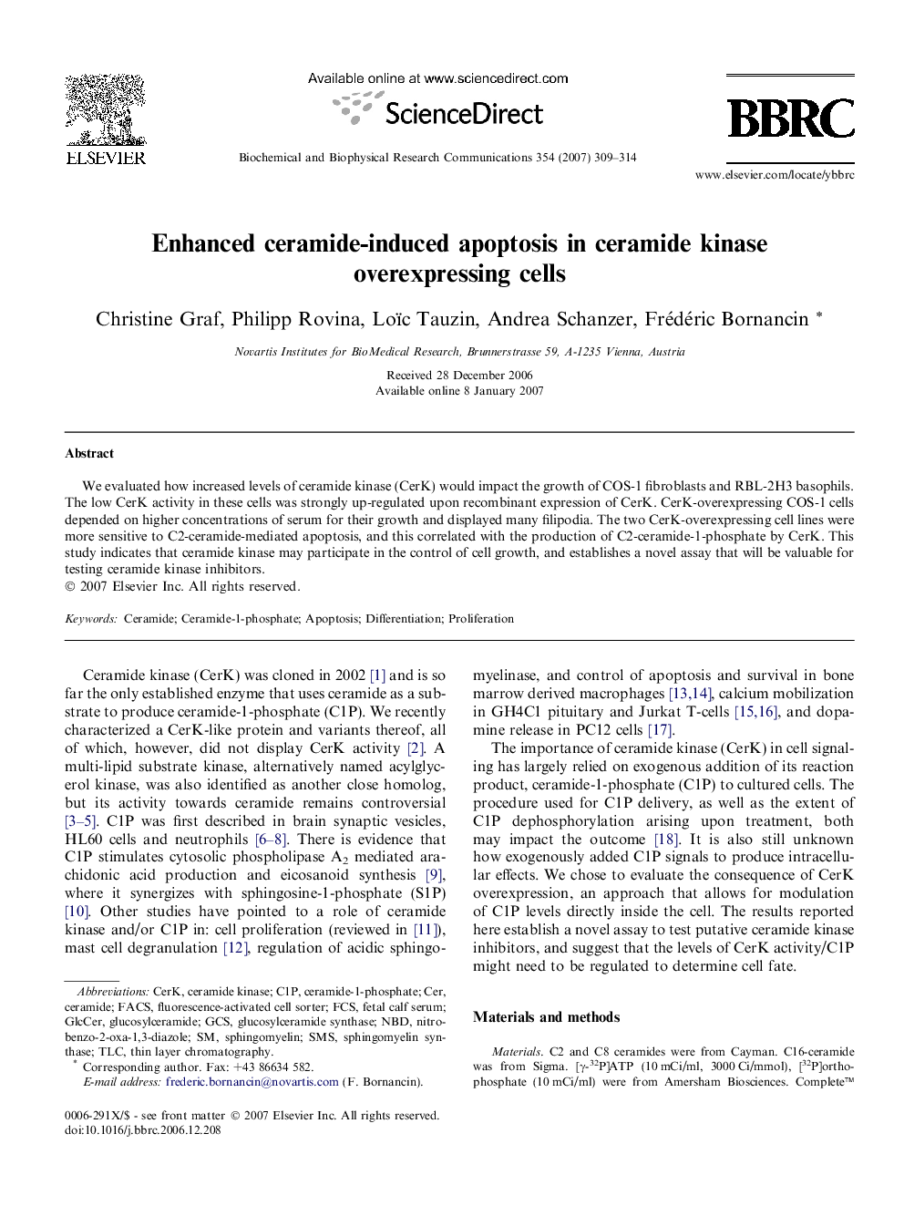 Enhanced ceramide-induced apoptosis in ceramide kinase overexpressing cells