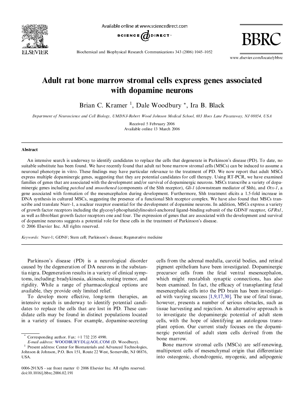 Adult rat bone marrow stromal cells express genes associated with dopamine neurons