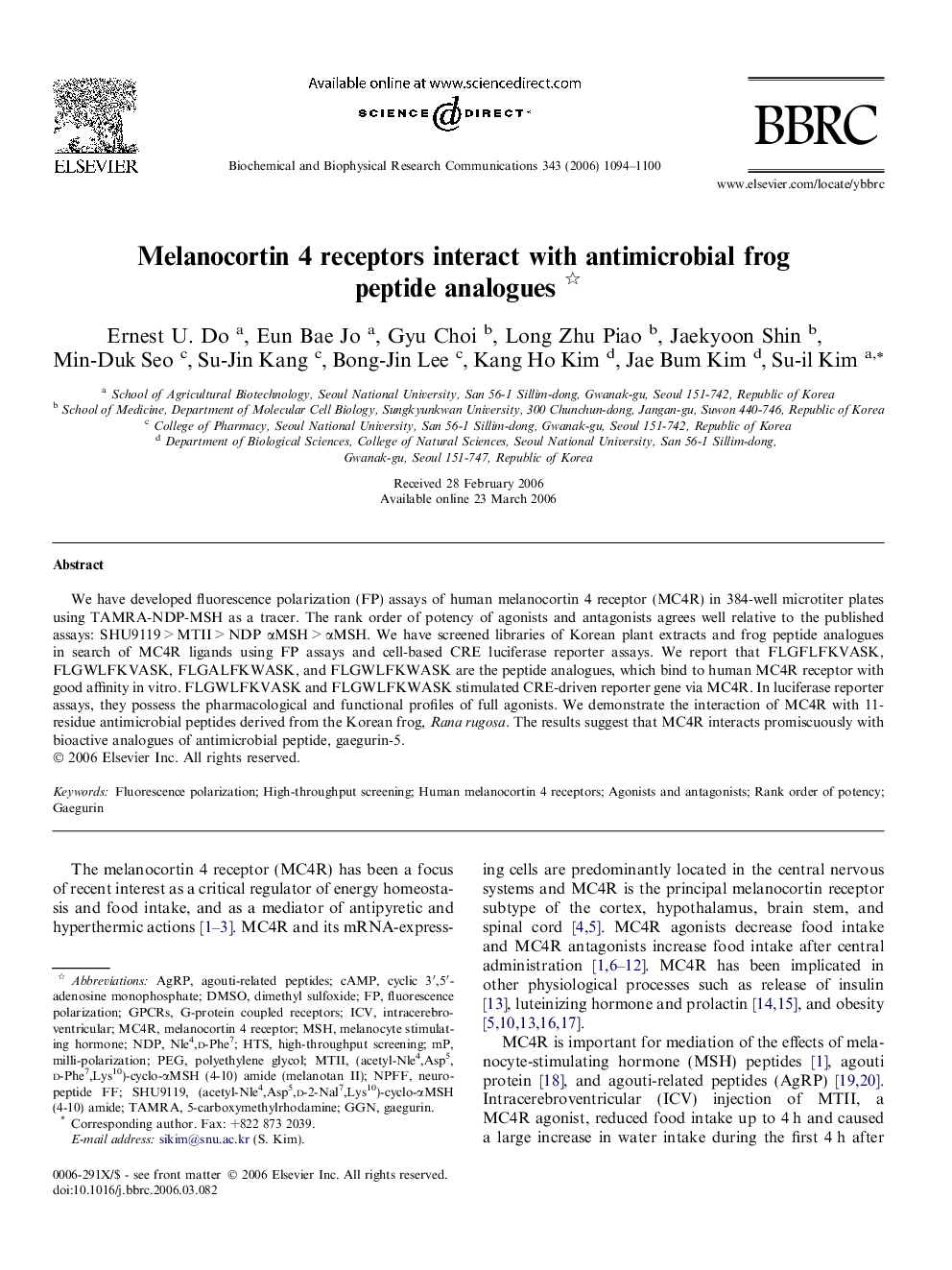 Melanocortin 4 receptors interact with antimicrobial frog peptide analogues 