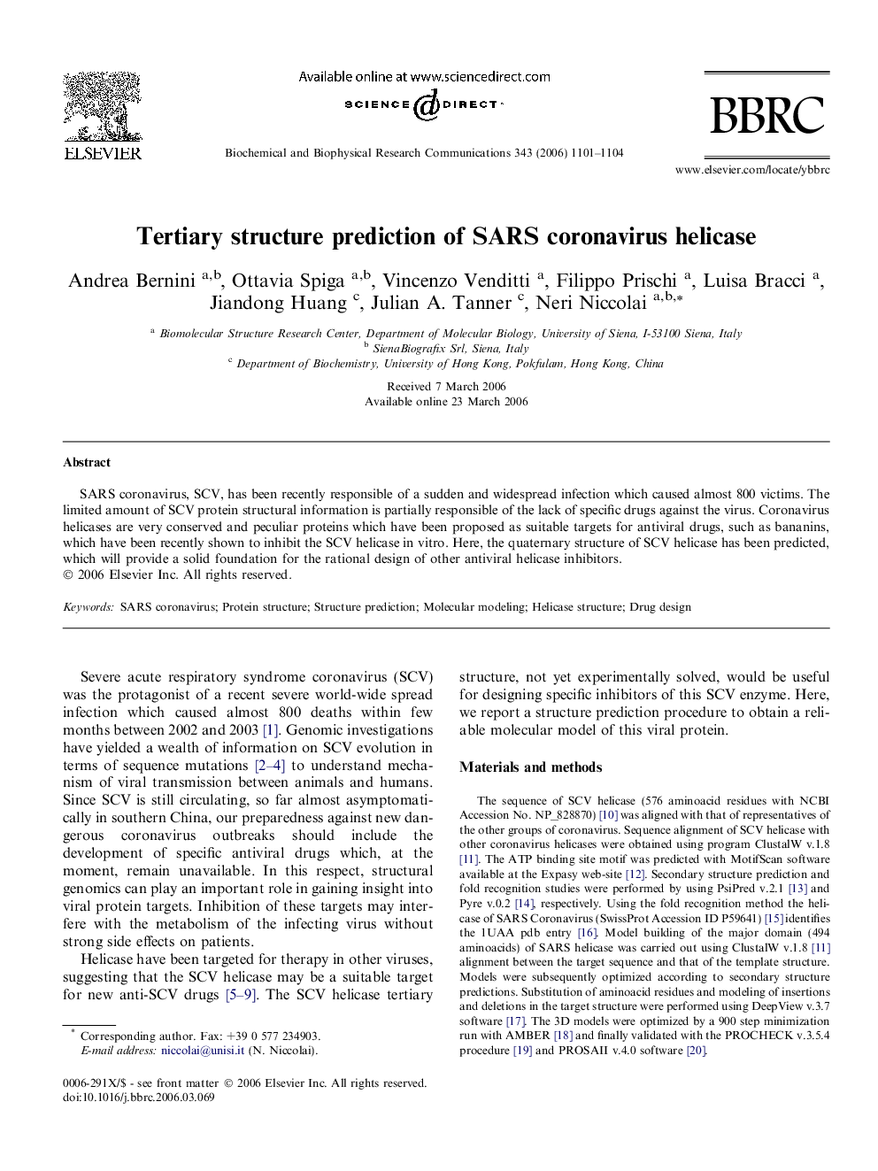 Tertiary structure prediction of SARS coronavirus helicase