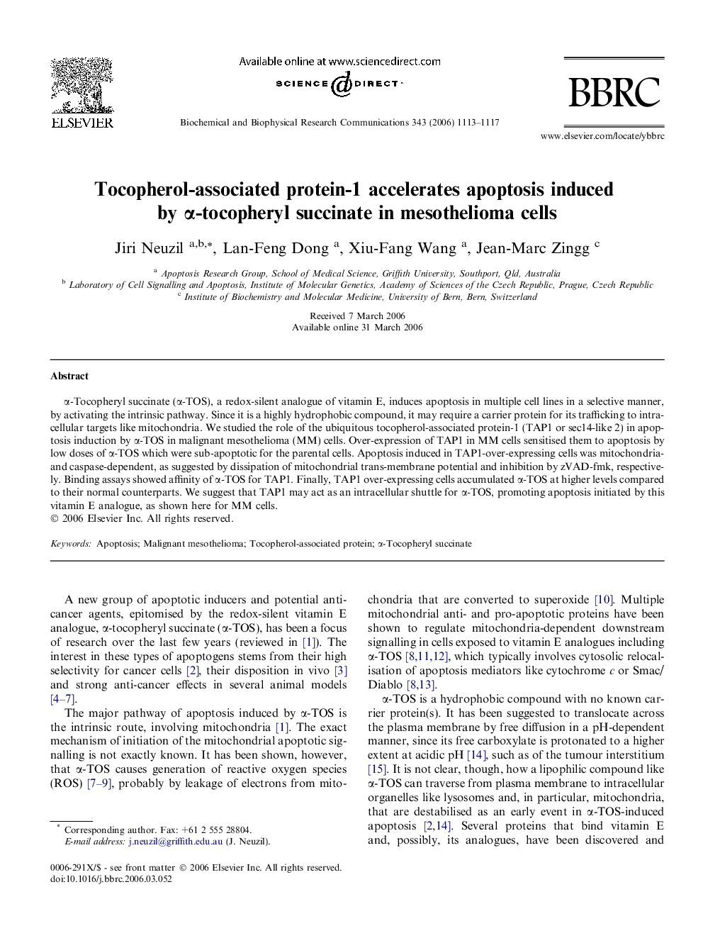 Tocopherol-associated protein-1 accelerates apoptosis induced by α-tocopheryl succinate in mesothelioma cells