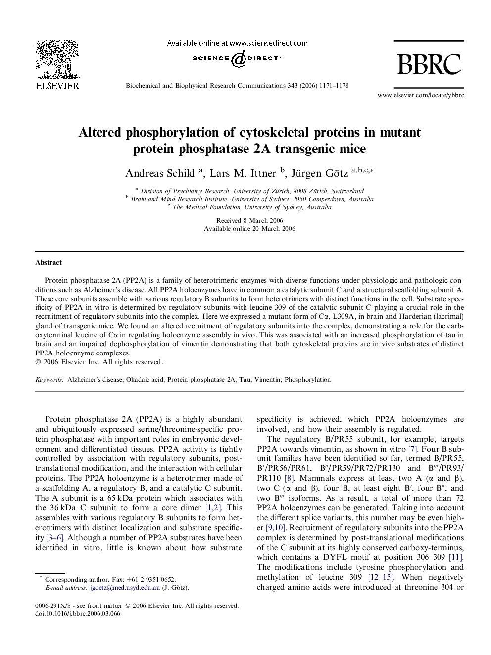 عکس صفحه اول مقاله: Altered phosphorylation of cytoskeletal proteins in mutant protein phosphatase 2A transgenic mice Altered phosphorylation of cytoskeletal proteins in mutant protein phosphatase 2A transgenic mice