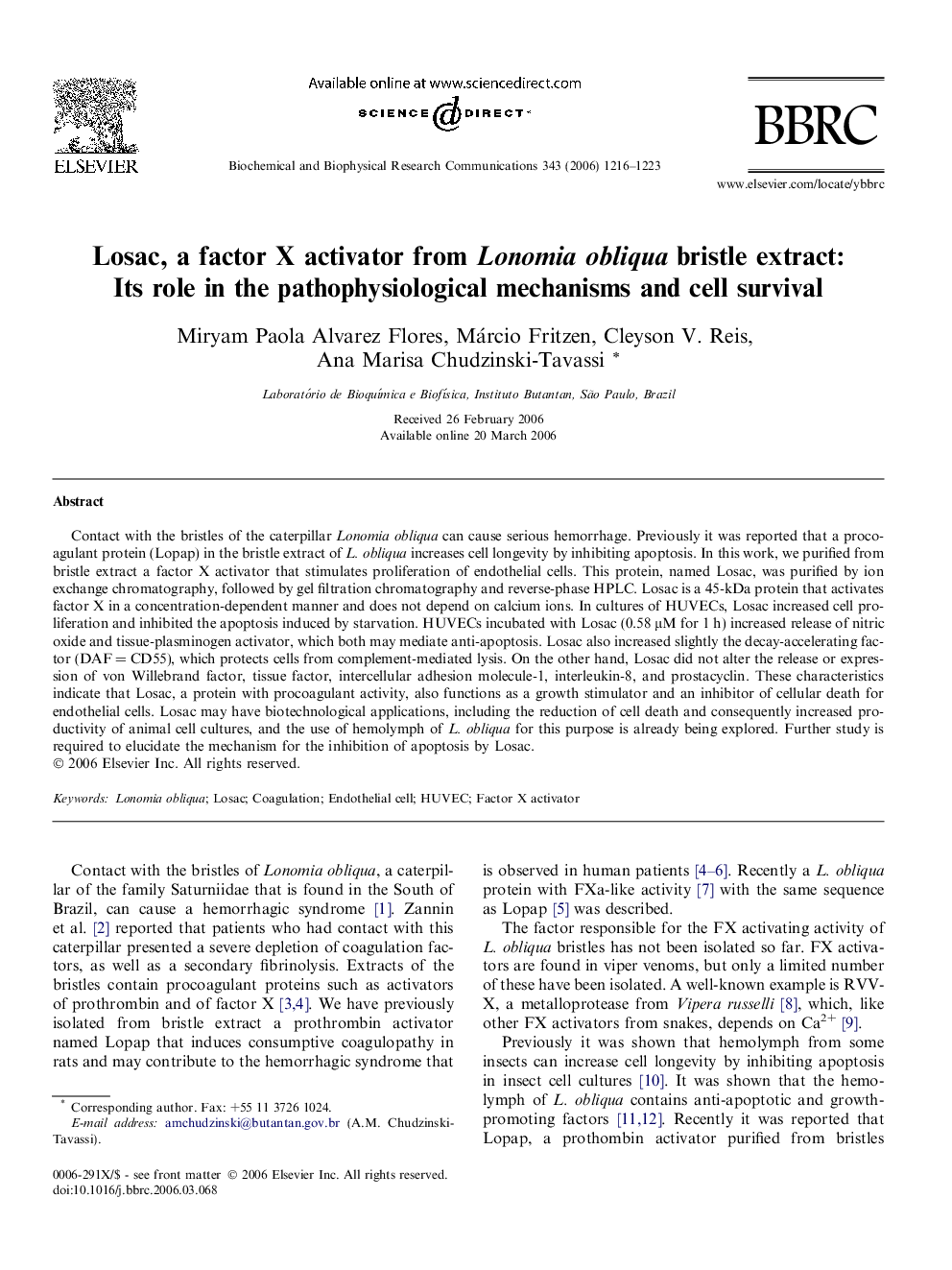 Losac, a factor X activator from Lonomia obliqua bristle extract: Its role in the pathophysiological mechanisms and cell survival