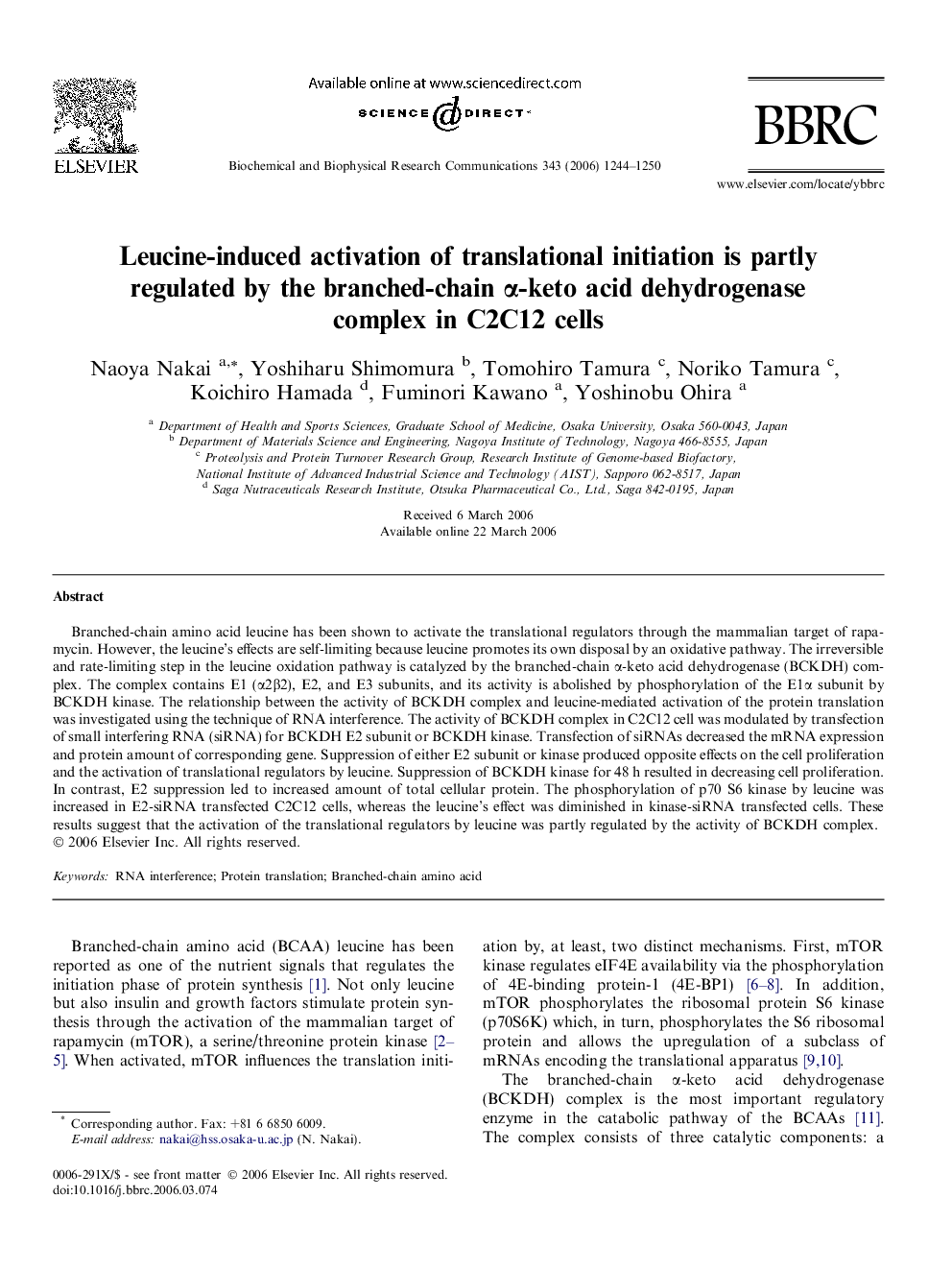عکس صفحه اول مقاله: Leucine-induced activation of translational initiation is partly regulated by the branched-chain α-keto acid dehydrogenase complex in C2C12 cells Leucine-induced activation of translational initiation is partly regulated by the branched-chain α-keto acid dehydrogenase complex in C2C12 cells