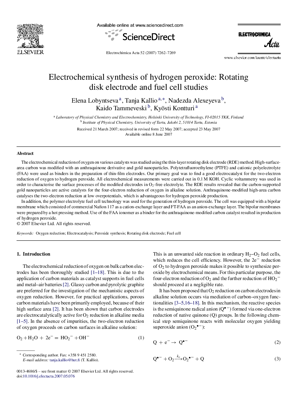 Electrochemical synthesis of hydrogen peroxide: Rotating disk electrode and fuel cell studies