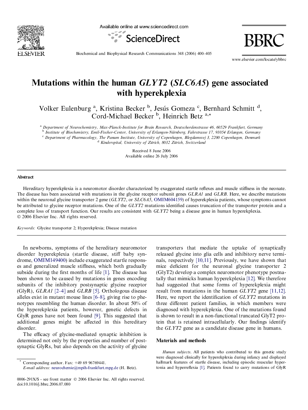 Mutations within the human GLYT2 (SLC6A5) gene associated with hyperekplexia