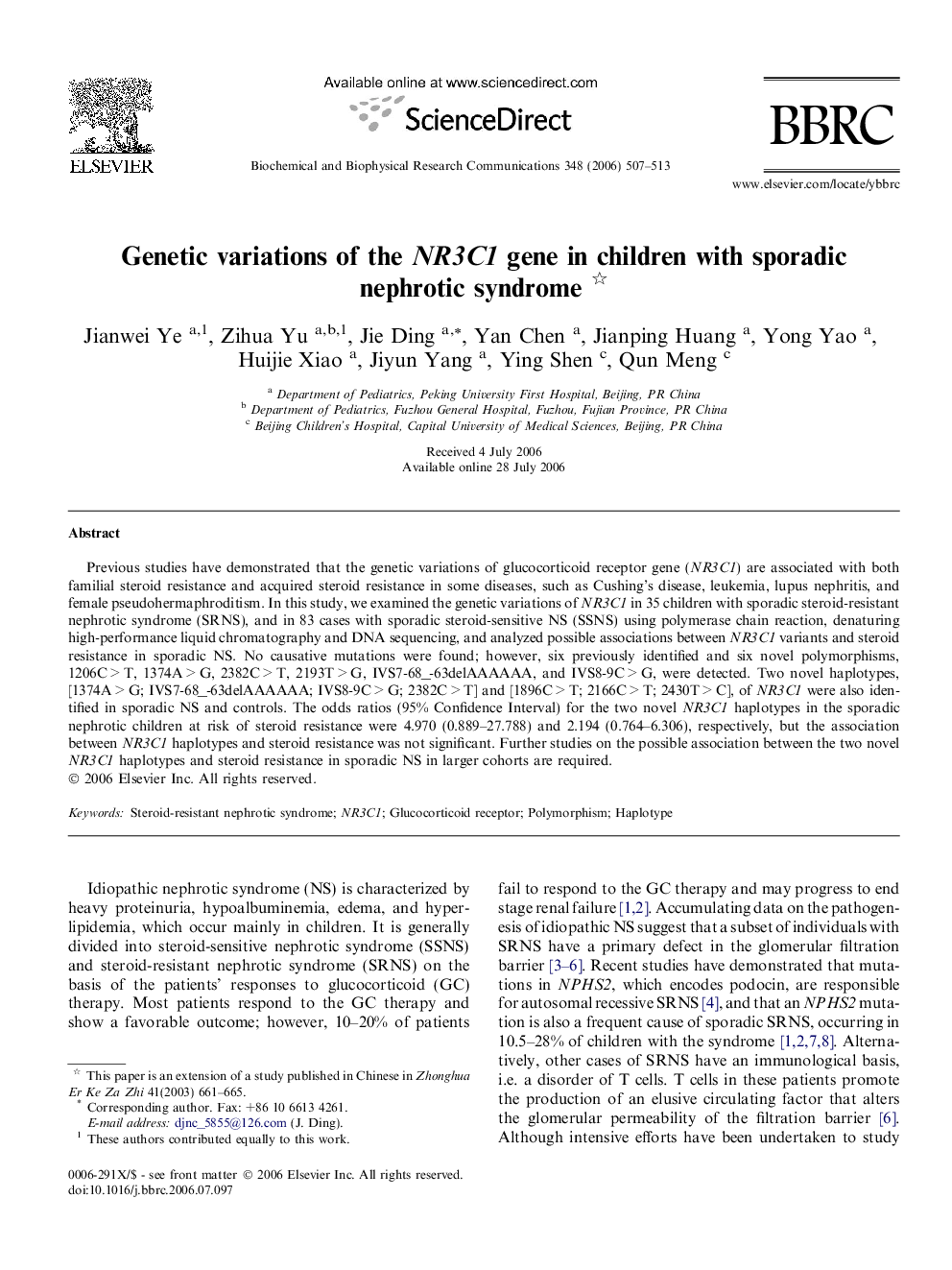 Genetic variations of the NR3C1 gene in children with sporadic nephrotic syndrome 