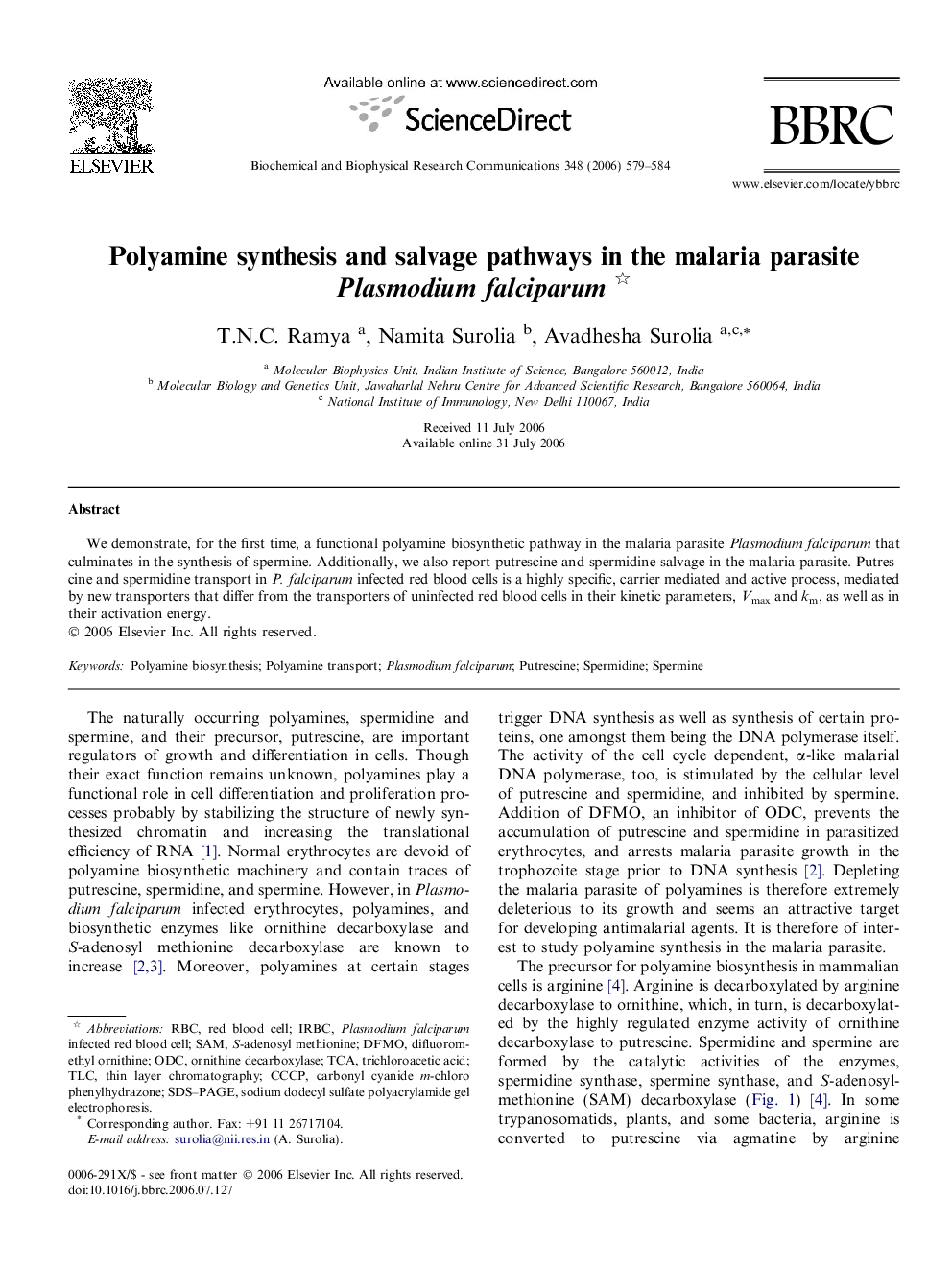 Polyamine synthesis and salvage pathways in the malaria parasite Plasmodium falciparum 