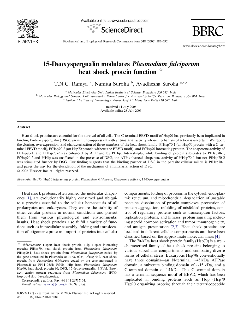 15-Deoxyspergualin modulates Plasmodium falciparum heat shock protein function 