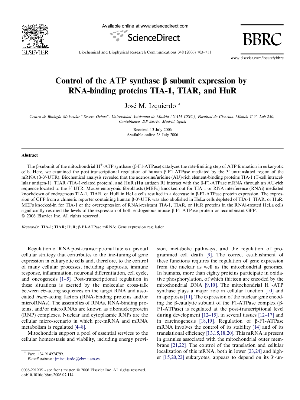 Control of the ATP synthase β subunit expression by RNA-binding proteins TIA-1, TIAR, and HuR