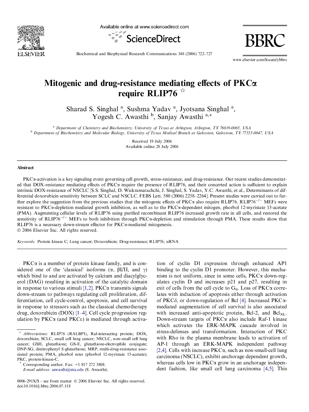 Mitogenic and drug-resistance mediating effects of PKCα require RLIP76 