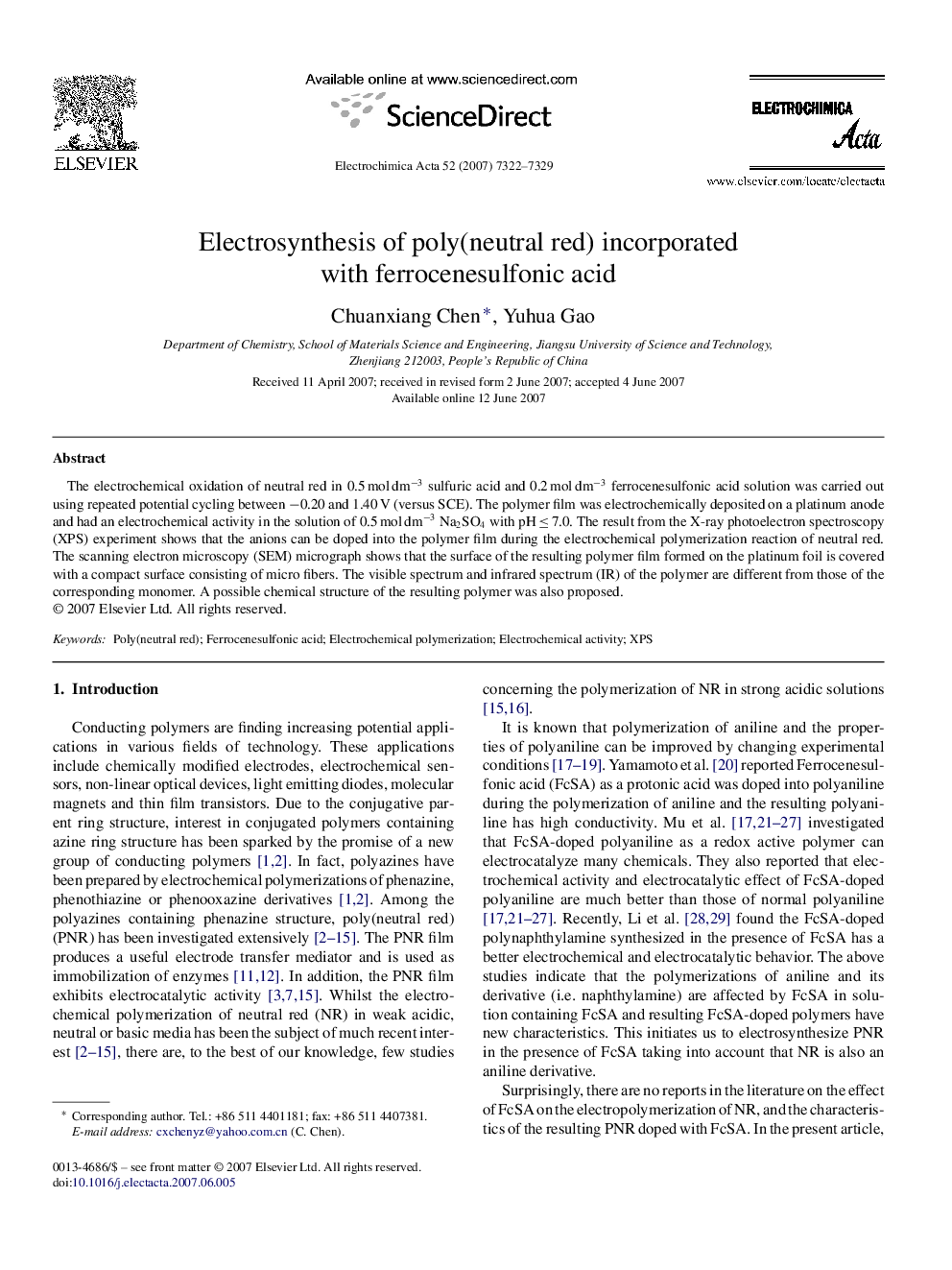 Electrosynthesis of poly(neutral red) incorporated with ferrocenesulfonic acid