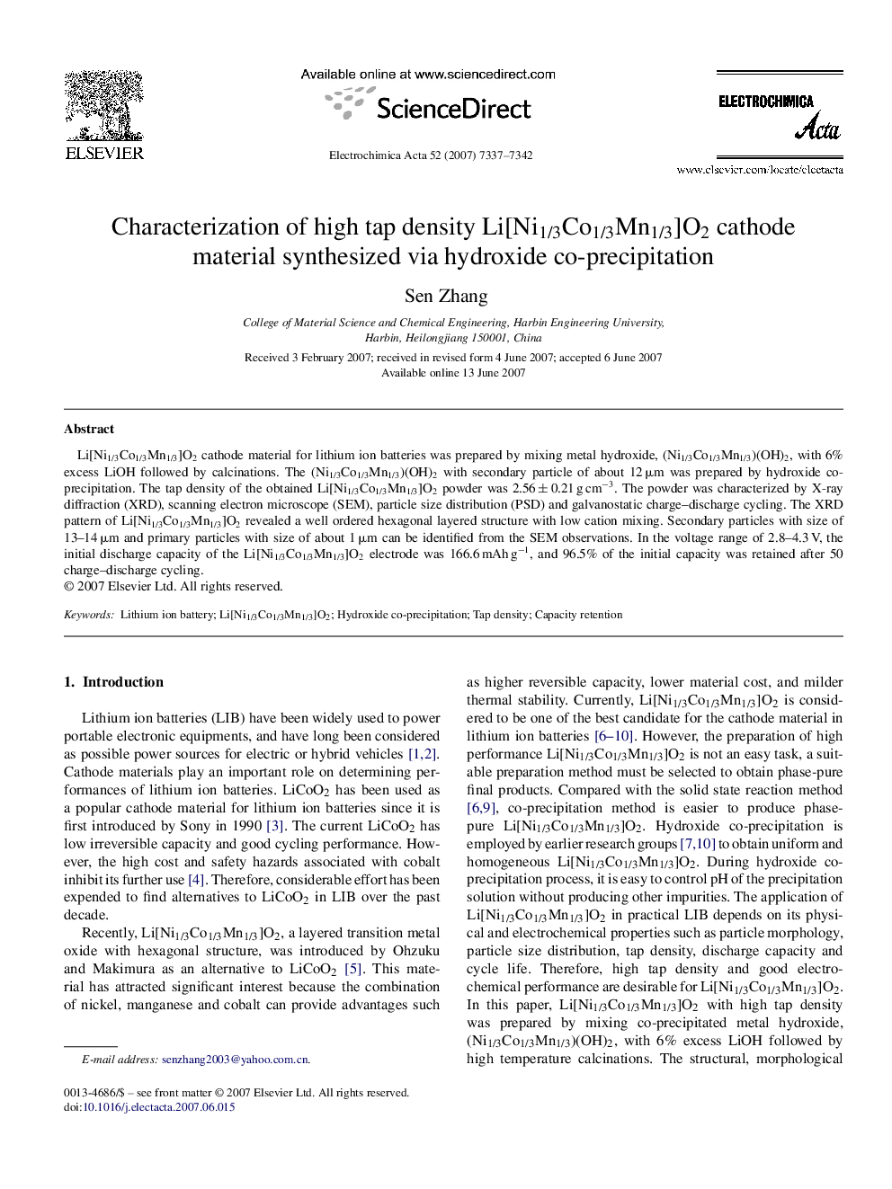 Characterization of high tap density Li[Ni1/3Co1/3Mn1/3]O2 cathode material synthesized via hydroxide co-precipitation