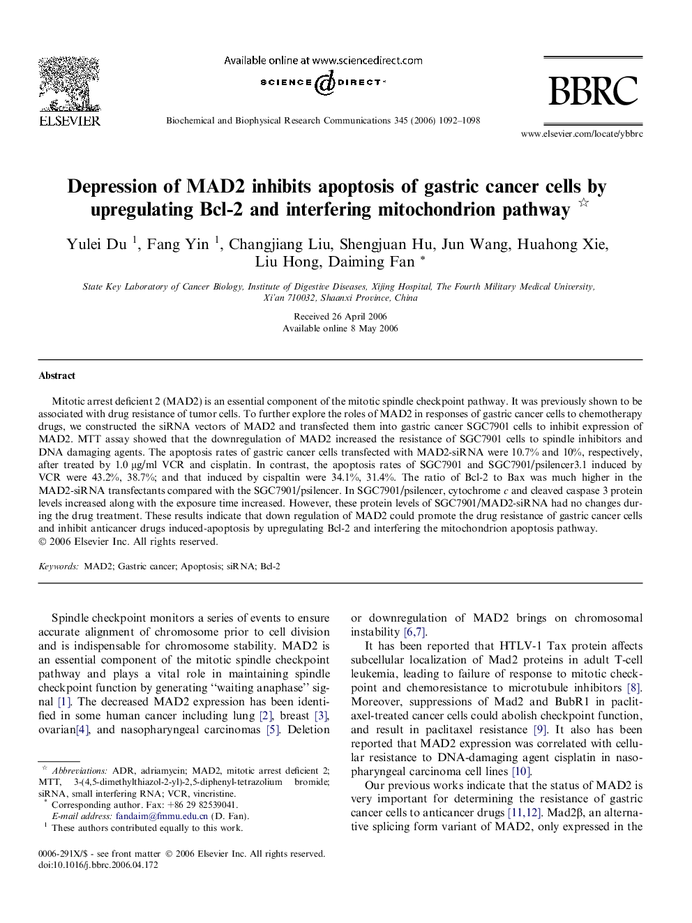 Depression of MAD2 inhibits apoptosis of gastric cancer cells by upregulating Bcl-2 and interfering mitochondrion pathway 