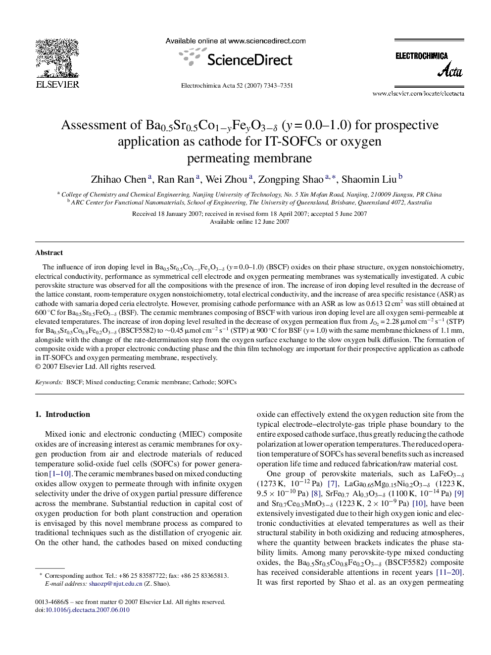 Assessment of Ba0.5Sr0.5Co1−yFeyO3−δ (y = 0.0–1.0) for prospective application as cathode for IT-SOFCs or oxygen permeating membrane