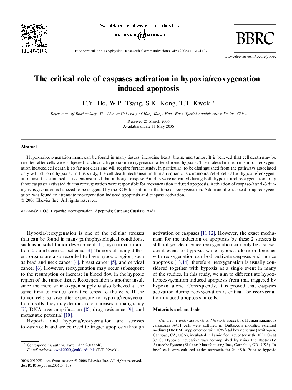 The critical role of caspases activation in hypoxia/reoxygenation induced apoptosis