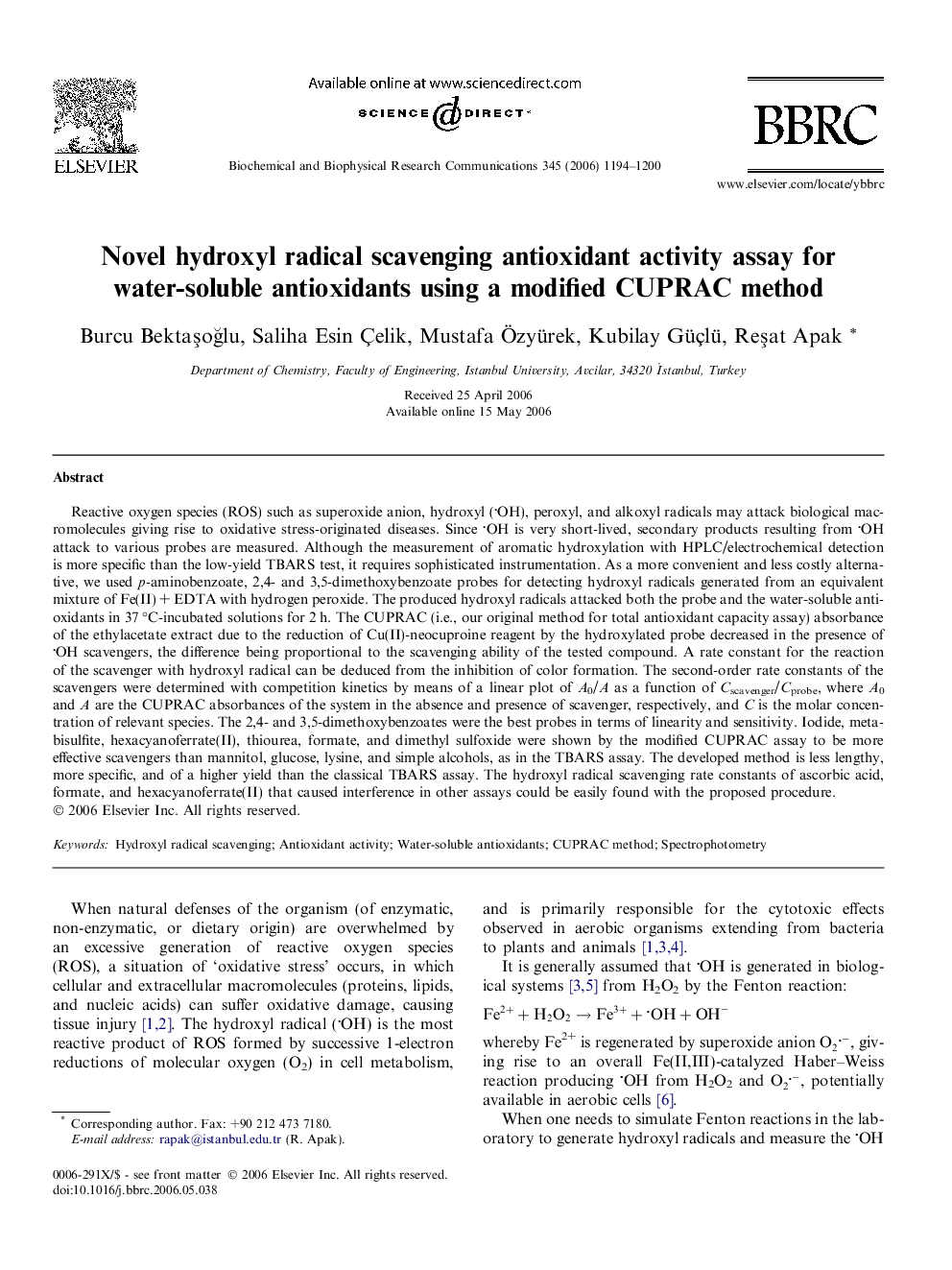 Novel hydroxyl radical scavenging antioxidant activity assay for water-soluble antioxidants using a modified CUPRAC method