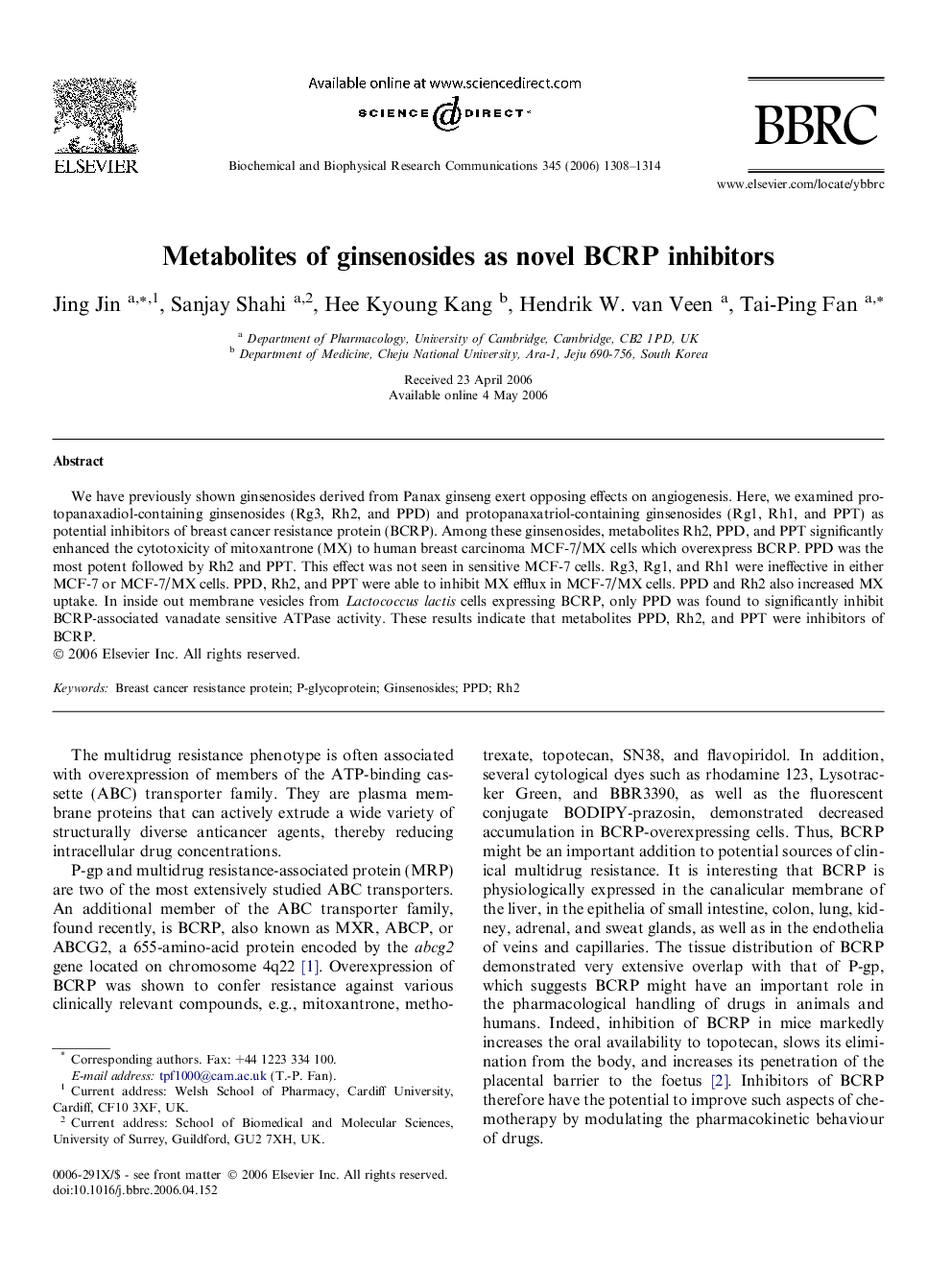 Metabolites of ginsenosides as novel BCRP inhibitors