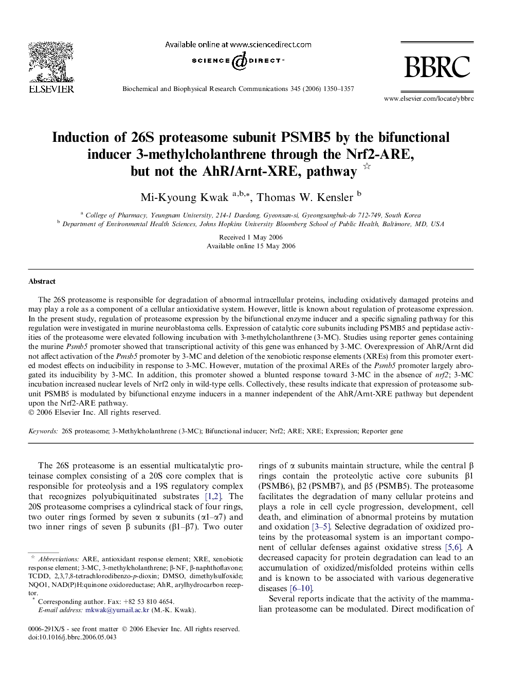 Induction of 26S proteasome subunit PSMB5 by the bifunctional inducer 3-methylcholanthrene through the Nrf2-ARE, but not the AhR/Arnt-XRE, pathway 