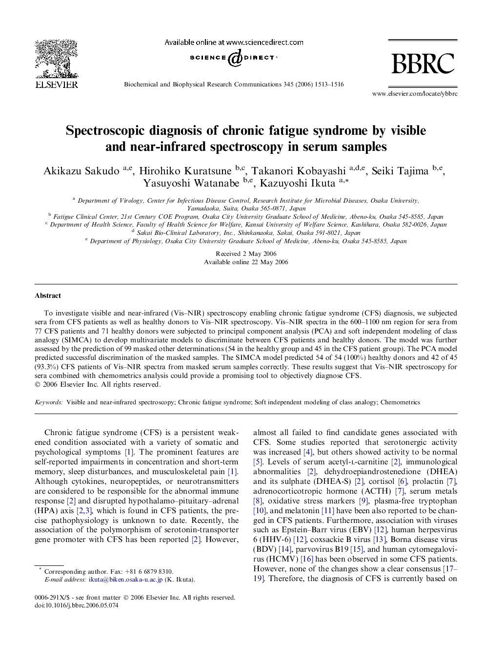 Spectroscopic diagnosis of chronic fatigue syndrome by visible and near-infrared spectroscopy in serum samples