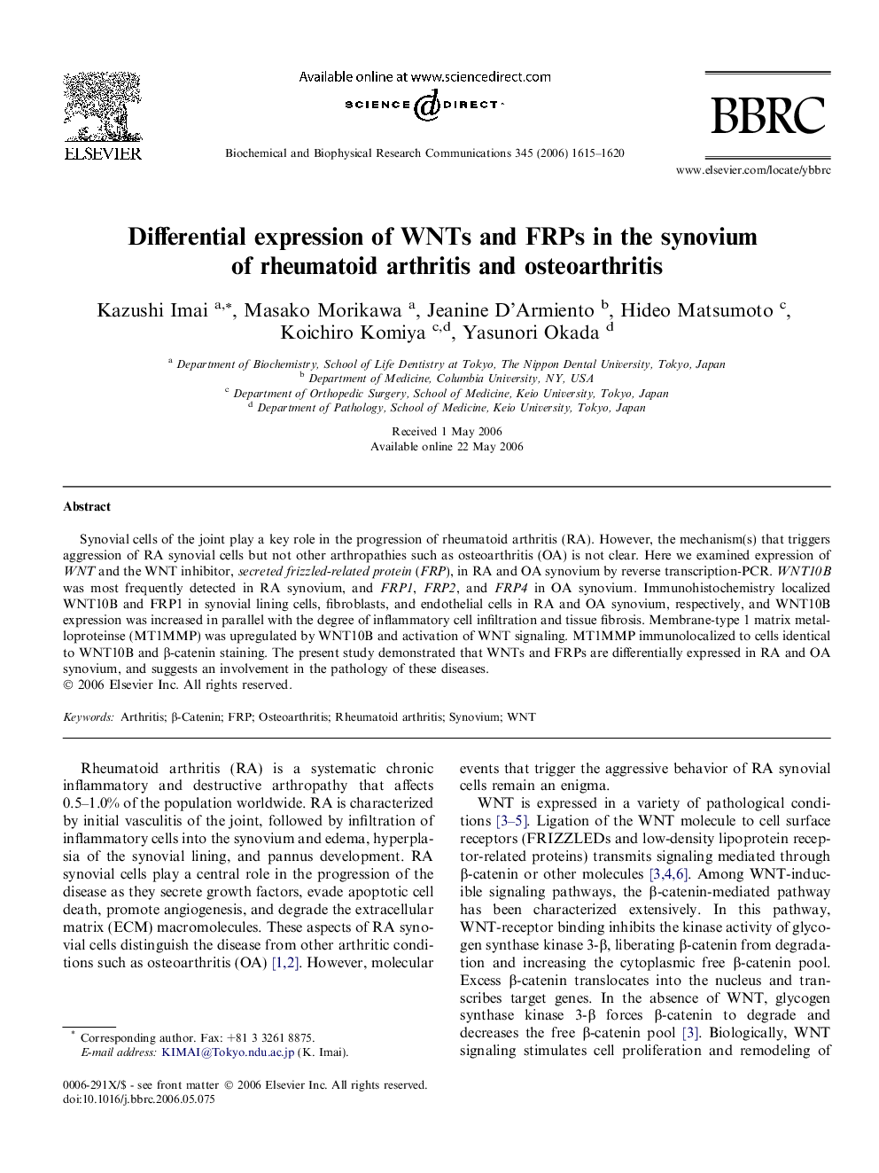 Differential expression of WNTs and FRPs in the synovium of rheumatoid arthritis and osteoarthritis