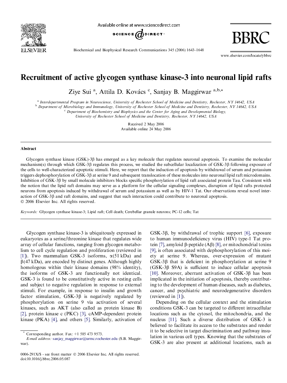 Recruitment of active glycogen synthase kinase-3 into neuronal lipid rafts