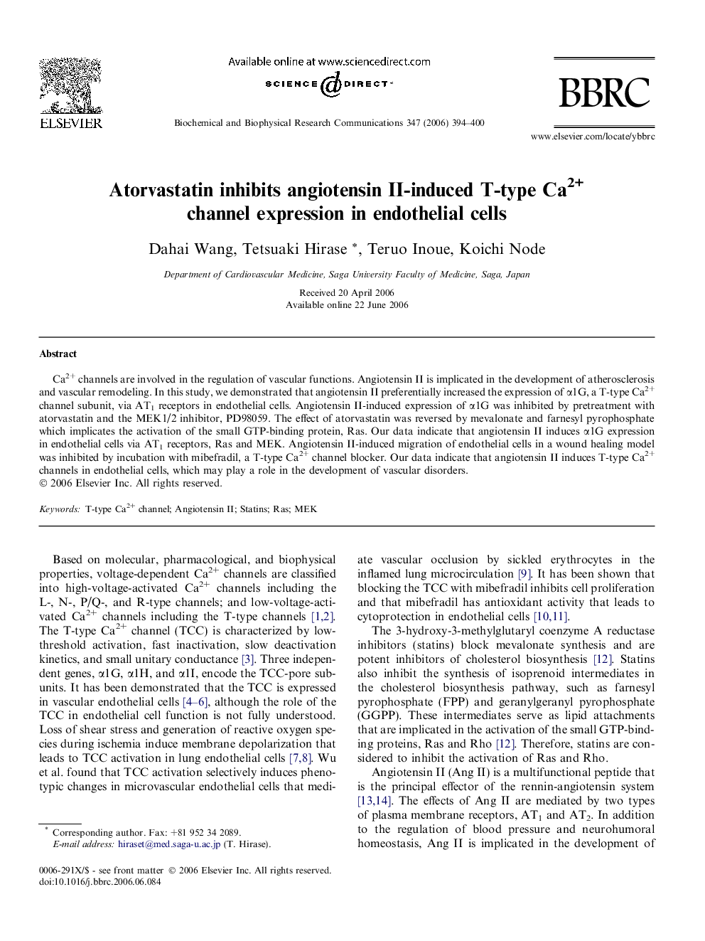 Atorvastatin inhibits angiotensin II-induced T-type Ca2+ channel expression in endothelial cells