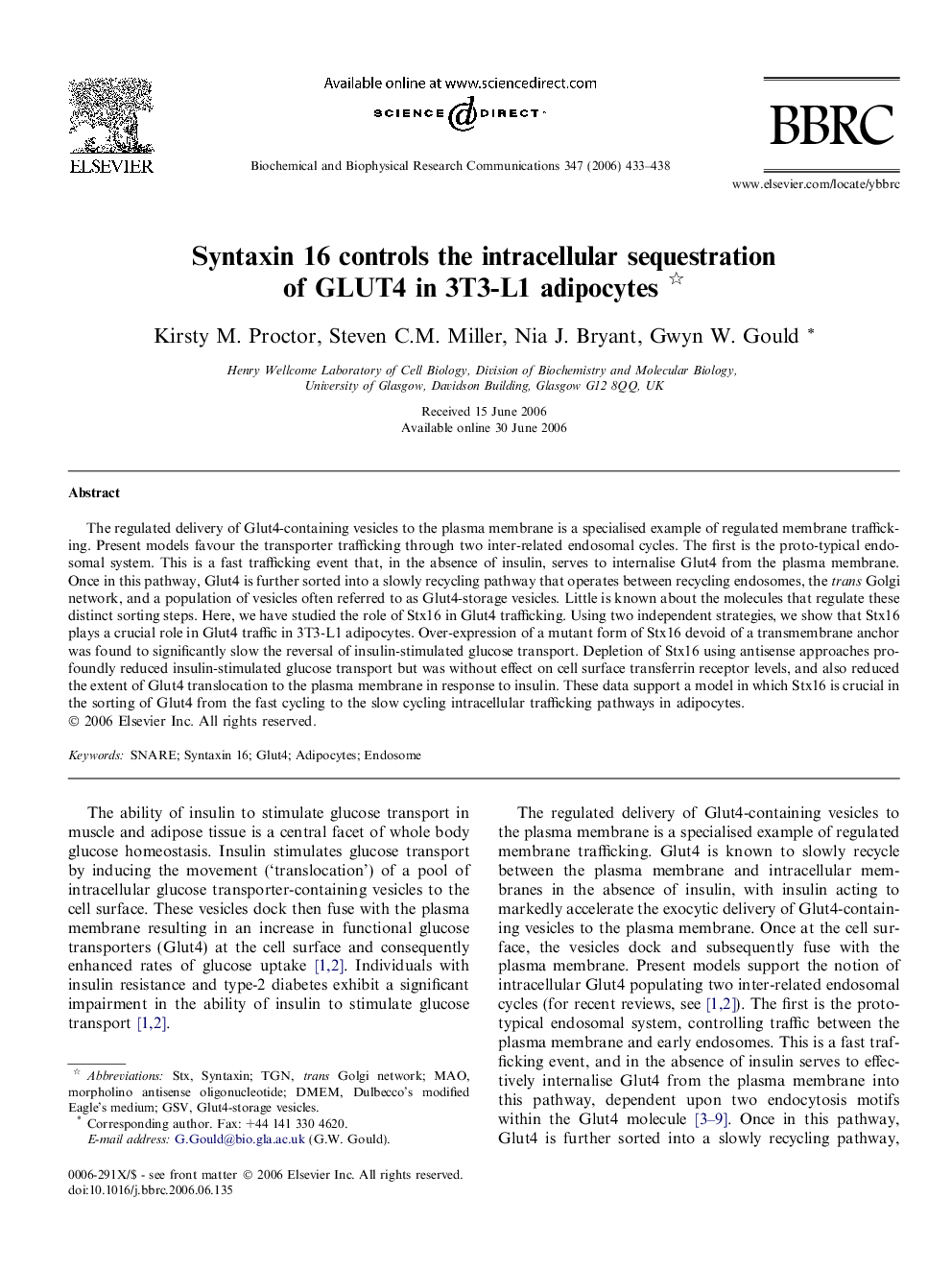 Syntaxin 16 controls the intracellular sequestration of GLUT4 in 3T3-L1 adipocytes 